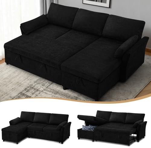 JoyHarb 211cm Fabric L Shape Sofa w/Pull Out Bed & Storage Chaise, Black | Modern Sectional Convertible Sleeper Sofa With Two Soft Armrest Pillows For Living Room
