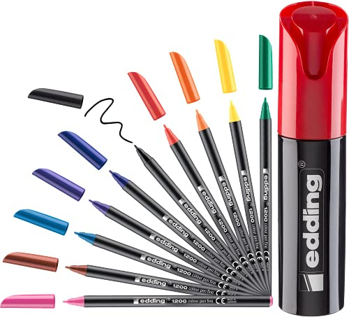 edding 1200 Fasermaler fein - schwarz rot blau grün gelb orange braun violett pink hellblau - Dose mit 10 Filzstiften - Rundspitze 1 mm - Zeichnen und Schreiben - Schule, Mandala - Set
