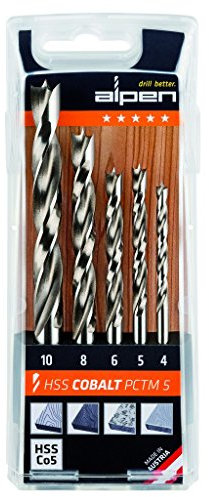 ALPEN Spiralbohrer Set HSS Cobalt 5-teilig (ø 4-10 mm, Maschinenbohrer, selbstzentrierend, 5% kobaltlegiert, für Weich- und Harthölzern, Spanplatten) 63300005100