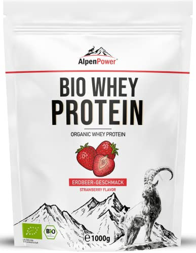 AlpenPower BIO Whey Protéine goût Fraise 1 kg - Ingrédients 100% naturels - Sans additifs - Fabriqué à partir du meilleur lait alpin bio - Poudre de protéine CFM de haute qualité