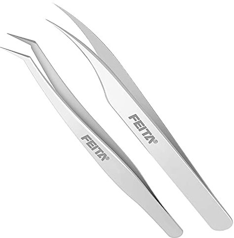 FEITA Ensemble de pince à épiler de précision droite en acier inoxydable et courbée de précision Outil à Main Pour Faux cils, Extensions de cils, Nail Art, artisanat (2 Pcs)