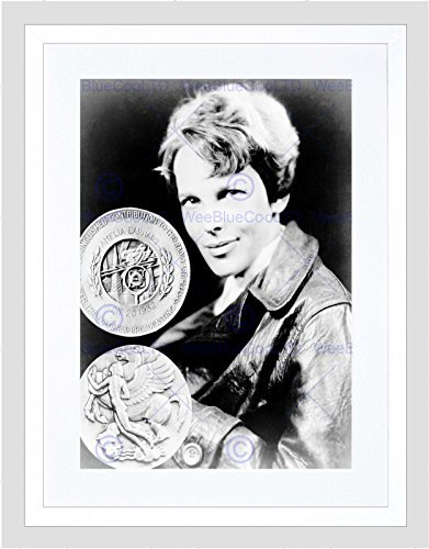 Wee Blue Coo VINTAGE PORTRAIT COLLAGE AMELIA EARHART MEDAL LEGEND FRAMED ART PRINT B12X3505