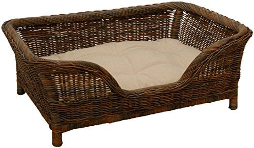 Großer Rattan Hundekorb geflochten Hundebett Rattan Korb Hund Hundecouch hoch mit Kissen (Schwarz Braun)
