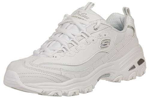 Skechers D'Lites - Fresh Start, Scarpe Donna, White Leather Mesh Silver Trim L, 42 EU