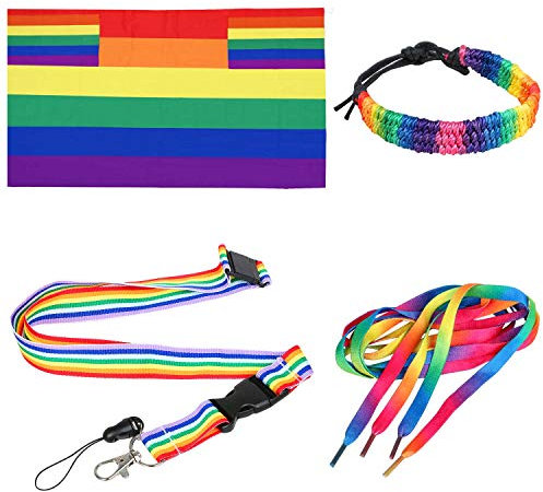 TRIXES 4-teiliges Regenbogen Gay Pride Day Accessories Set für Erwachsene Mehrfarbig Flagge Cape Lanyard Schnürsenkel und Armbänder für Festivals Karneval und LGBTQ Events