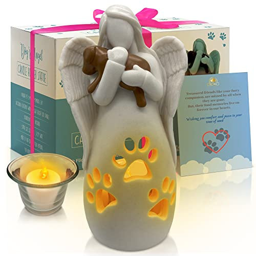 OakiWay Gedenkgeschenke für Hunde,Engel Kerzenhalter Statue mit flackernder LED-Kerze,Haustierverlust Geschenke, Trauergeschenkideen zum Verlust des Hundes, Engelsfiguren Hund Dekor
