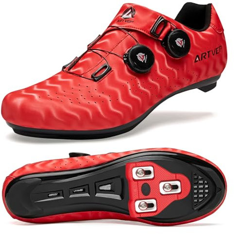 Zapatillas de Ciclismo para Hombre Zapatillas de Bicicleta de Carretera para Mujer compatibles con Look SPD SPD-SL Delta Cleats Zapatillas para Bicicleta de Interior Exteriores Rayas Rojo EU42