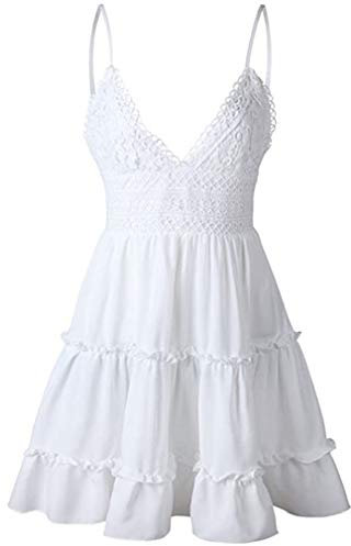 V Ausschnitt Kleid Damen Spitzenkleid Träger Rückenfreies Bogen Kleider Sommerkleider Strandkleider High Waist Volant Kleider Vintage Minikleid(Weiß, 38 / M)