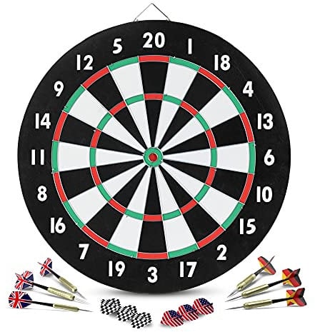 Stagecaptain DBP-1810 Bullseye Papier-Dartscheibe mit Pfeilen - Einsteiger Steeldartscheibe aus Paper Board - Dartboard zweiseitig bespielbar - Dart Scheibe mit 6 Dartpfeilen und 4 Sets Flights