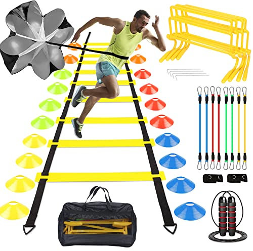 YGORTECH Kit Allenamento Calcio,Calcio Accessori con Scaletta Calcio Allenamento 6M,Ostacoli Allenamento Calcio,Cinesini Calcio,Paracadute Allenamento Calcio,Fasce di Resistenza Allenamento Calcio