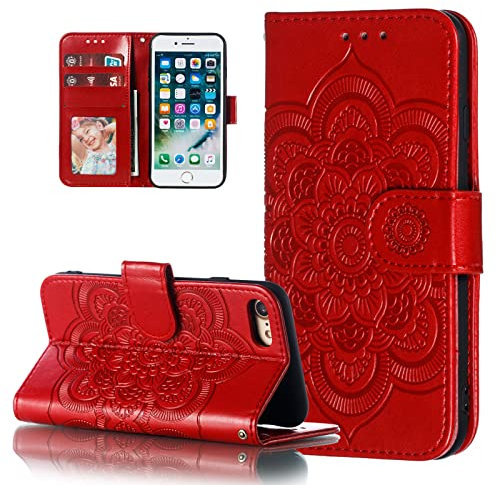 EYZUTAK Case for iPhone SE(5G) 2022 iPhone 7 iPhone 8 iPhone SE 2020, Premium Flip Wallet Shockproof Phone Case PU Leather Mandala Embossed Design with Kickstand Card Holder Protective Cover - Red