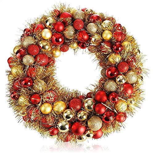 com-four® Türkranz Weihnachten - Adventskranz mit Lametta und Christbaumkugeln in schönen Farben Ø ca. 40 cm - toll glänzende Weihnachtsdeko - Tischkranz