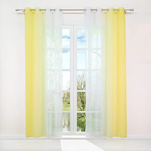 HongYa 2er-Pack Farbverlauf Gardinen Transparenter Voile Vorhänge Schals mit Ösen H/B 145/140 cm Gelb