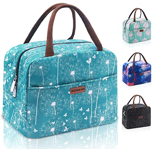RONAVO Linda lonchera para mujer, bolsa térmica reutilizable aislada, bolsa de almuerzo de viaje a prueba de fugas (diente de león azul)