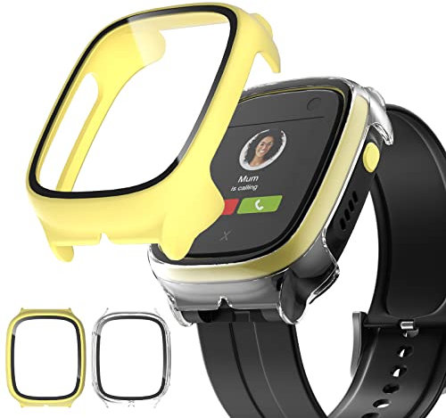 Haojavo Hülle für XPLORA X5 Play Schutzhülle mit Displayschutz, 2 Stück Schutz 360° Rundum Gehäuse Hart und HD Gehärtetes Glas Kratzfest Case Zubehör für Kinder Uhr, Mädchen/Jungen (Klar + Gelb)