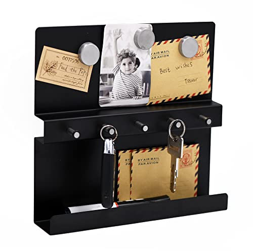 LuHeToz Schlüssel- und Posthalter aus Edelstahl für die Wandmontage mit magnetischer Memotafel - 5 Schlüsselhaken und 5 Magnete (Schwarz)