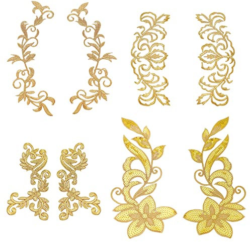 nbeads 8 Stück 4 Stile Stickerei Spitze Blumen Patches, Aufnäher Zum Aufbügeln Aufnäher Goldene Blumen Applikationen für Brautkleid Dekoration Reparatur Kleidung Rucksäcke Jeans Caps