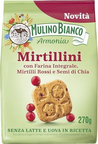 Mulino Bianco Mirtillini, Biscotti Frollini con Farina Integrale, Mirtilli Rossi e Semi di Chia, Ricchi di Vitamina E, Senza Latte e Uova in Ricetta, Confezione 270g