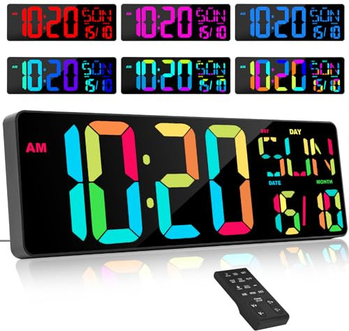 XREXS Horloge Numérique Murale à Couleurs Changeantes RVB avec Télécommande, 17'' Horloge Digitale LED Luminosité Réglable, Horloge Calendrier Numérique avec Température/Date/Jour(8 Langues)/Réveil