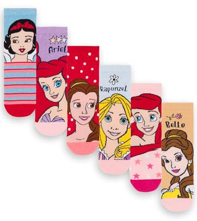 Disney Paquete de 6 calcetines Princess Girls | Calcetines multicolores para niños | Calzado Ariel Belle Rapunzel Graphic White Nieve | Cómodo juego de calcetines para niños paquete de mercancía