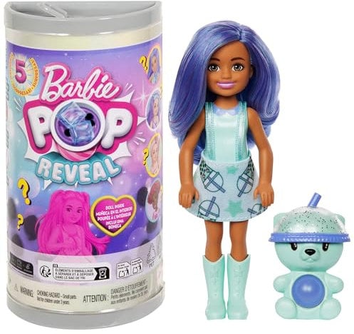 Barbie Poupée Pop Reveal Chelsea, poupée Chelsea Bubble Tea avec coffret boîte à thé et 5 surprises, dont une petite poupée parfumée et un animal (les styles peuvent varier), HRK63