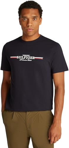 Tommy Hilfiger T-Shirt Manches Courtes Homme Chest Stripe Col Ras-du-Cou, Bleu (Desert Sky), L