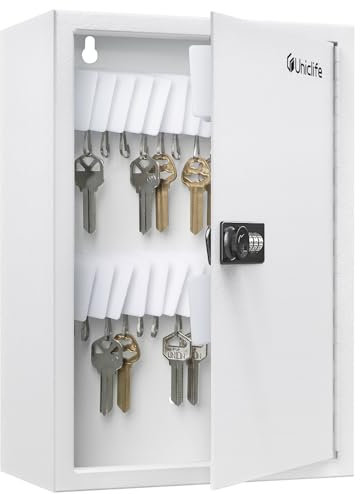 Uniclife Armario de llaves ranurado de 40 posiciones con cerradura de combinación, caja de almacenamiento de seguridad digital blanca reajustable, organizador de llaves de acero con estantes