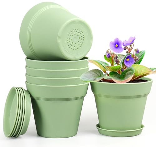 Homeuouz 6 Packs Blumentopf mit Untersetzer, 15.2cm Pflanzentopf, Plastik Übertopf mit Mehrere Ablauflöchern, Hydrokultur Topf, Blumentöpfe Set Ideal für Innen und Balkongärten,Grün