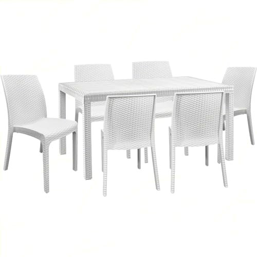 Sicignano | Set mit 6 Stühlen mit rechteckigem Tisch aus Rattan, 150 x 90 cm, komplett weiß – stapelbar, UV-beständig, rutschfest, Möbel für Innen- und Außenbereiche, Bar, Garten, Terrasse,