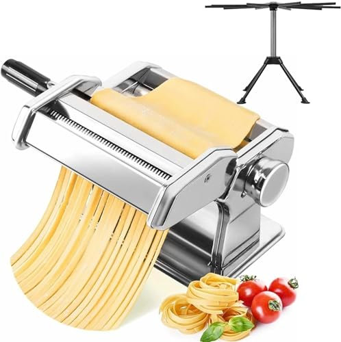 Stainless Steel Fresh Pasta Maker Machine with Pasta Drying Rack Lasagne Spaghetti Tagliatelle Ravioli Professional Fresh Noodle Maker Machine Cutter with 9 Thickness Settings