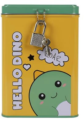 I-TOTAL® – Lustige Spardose mit Vorhängeschloss und Schlüssel, Sparbüchse aus Metall mit Verschluss (Hello Dino)