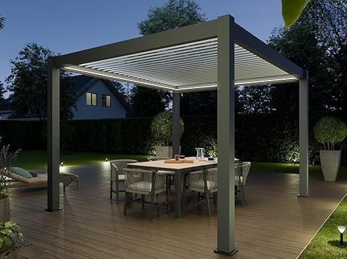 Direct ABRIS Pergola Bioclimatique Aluminium Autoportée 12m² - 3x4 - Kit LED Inclus - Anthracite - 25 Lames en Aluminium a 120° - Eclipse