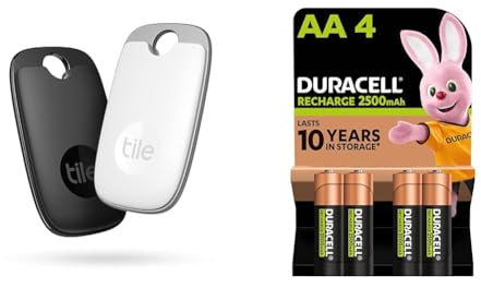 Tile Pro (2022) Bluetooth Item Finder, 2 Pack, 120m finding range, works with Alexa and Google Smart & Duracell Rechargeable AA Batteries (Pack of 4), 2500 mAh NiMH, pre-charged, Our No. 1