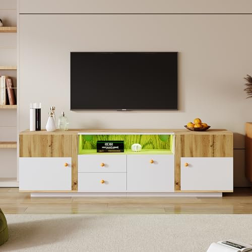 BTM Meuble TV Bois et Blanc, Meuble TV Bas avec Effets Lumineux LED,Meuble TV Chambre avec séparation en Verre et tiroirs, Meuble TV avec Rangement, Meuble TV 180, Meuble TV, 180x35x50 cm