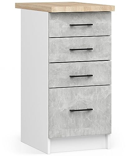 3E 3xE living.com Freistehender Küchenschrank: Vier Schubladen, Farbe: Weiß | Beton, A: B: 40 cm, H: 85 cm, T: 46 cm.