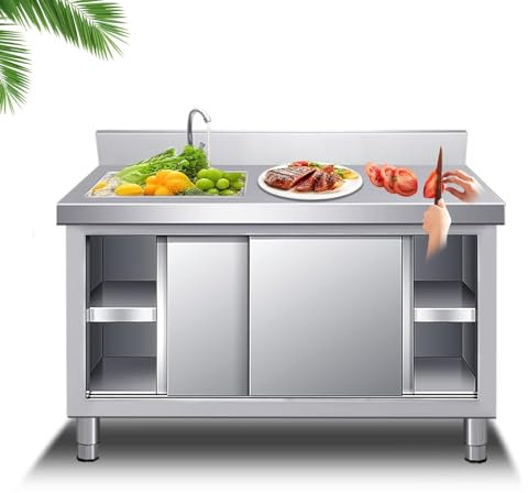 Meuble Evier,Évier Divers Avec Armoire Cuisine,Évier Inox De Cuisine,Évier De Restauration Autoportant,avec Établi Et Chaud/Froid Robinet Pour Intérieur De Jardin Extérieur Buanderies(L 120*60*80cm/47