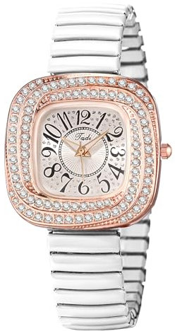 JewelryWe Damenuhr Elastische Quadratische Uhr: Glitzer Zirkonia Analog Quarz Armbanduhr Damen Weiß Edelstahl Stretch-Armband Kleine Diamant Uhr mit Zugarmband & Eckigem Wirbel-Gehäuse