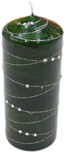 Dekohelden24 Edle Stumpenkerze, Tischkerze, Dekokerze, Wachskerze mit Edelsteinmotiv, Dekoschalenkerze als Stumpen, H/Ø: 16 x 7 cm. Silberstreif, in dunkelgrün.