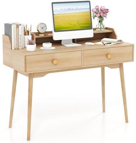 COSTWAY Computer Desk, 120 CM Wooden Study Table Writing Workstation with Hutch, Storage Shelves and Drawers, PC Laptop Table Working Desk for Home Office Bedroom (Natural)