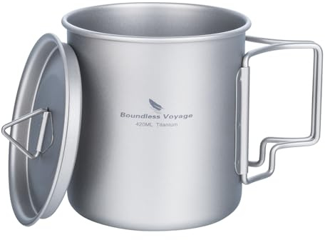 Boundless Voyage 420ml Titan Becher Camping Kaffee Tee Tasse mit Deckel & Faltbarem Griff Leichte Kochgeschirr Outdoor Indoor Picknick Büro Tägliches Trinkbecher Ti3025D