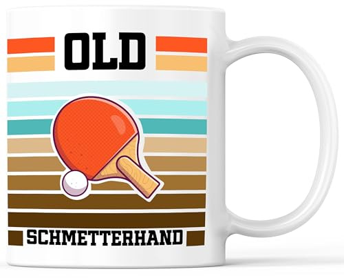 Tasse mit Spruch Old Schmetterhand Becher Tischtennis Table Tennis - lustiges Geschenk - Kaffeebecher als Geschenkidee - Kaffeetasse 330ml - Weiss