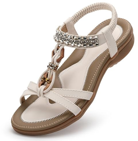 Littleplum Sandalen Damen Sommer Flache Sandalette Bohemia Sandals mit Strass Perlen Freizeit Damen Strand Schuhe Sandalen, 23-Weiß, 41 EU