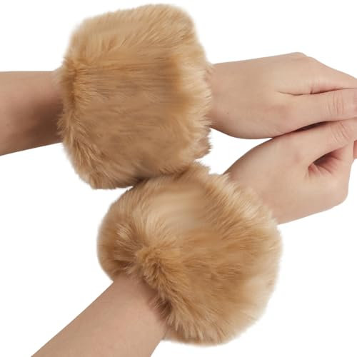 CABODYALS Armstulpen Aus Brauneem Pelz Pelzmanschette Khaki Kurz Für Den Winter Winddicht Kunstplüsch Flauschige Manschetten Überärmel Warme Handschuhe Armbandärmel Für Damen Armband Cosplay Party Kos