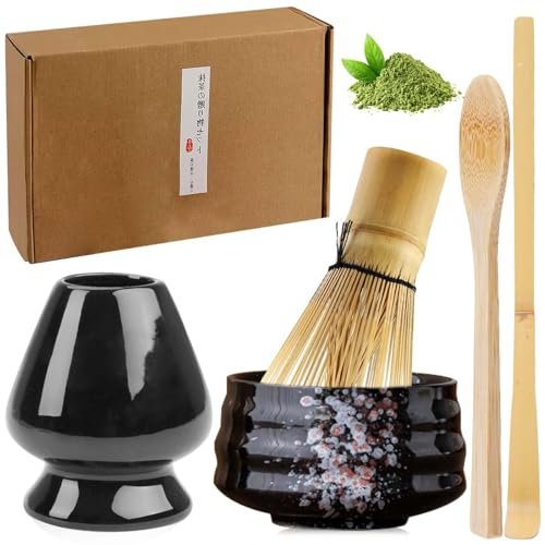5 Stück Matcha Tee set, Matcha set mit Matcha Besen, Matcha Schale aus Keramik, Bambusbesen Matcha Besen, Besenhalter aus Keramik, Handwerklich angefertigte Matcha, Matcha zubehörGeschenkset (Schwarz)