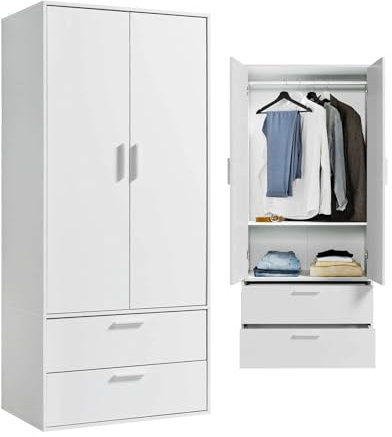 mokebo Kleiderschrank klein in Weiß 2-türig 'Der Kleiderheld, mit Zwei durchlaufenden Schubladen und verstellbaren Einlegeboden, Garderobenschrank, Flurschrank o. Schrank Holz in 80x180x51 (BxHxT)