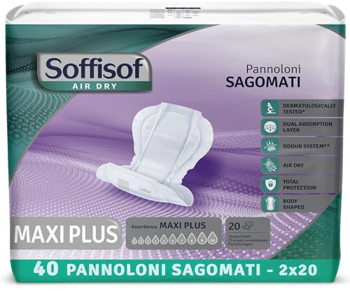 Soffisof Air Dry Protection Anatomique Maxi Plus - 40x Couche Adulte Incontinence - 2 Paquets de 20 Pièces, Absorption 10 Gouttes, Couches Adultes Femme et Homme