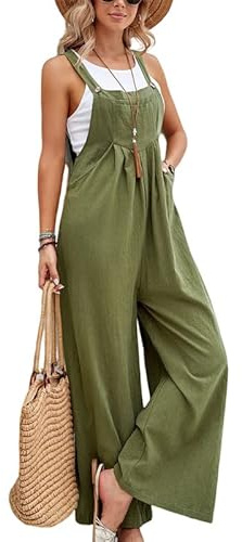 Salopette da donna – Oversize Baggy Jumpsuit, Comodi Salopette Loose Fit Tuta Casual Estivi con Spalline, verde oliva, XL