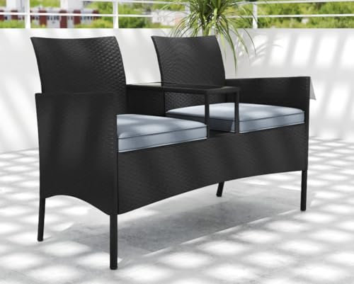 COSTWAY Gartenbank mit Tisch, 2-Sitzer Polyrattan Sitzbank, Sitzgruppe, Gartenmöbel, Terrassenmöbel, wetterfeste Balkonmöbel für Terrasse, Garten, Balkon (Grau)