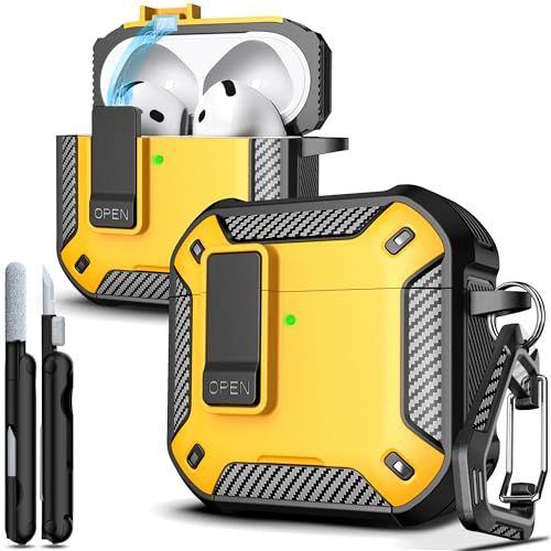 R-fun Hülle für AirPods 4, Elemente aus Karbonfaser, militärische Fallschutz-Abdeckung mit automatischem Aufklappen, Telefonständer/magnetischer Basis mit Karabinerhaken/Reinigungsset,Gelb