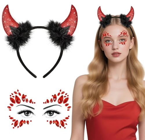 YUYWWAN Ensemble de Diable Cheveux Bandeau Femme, Cornes de Diable Rouges et Pierres Précieuses Autocollant, Accessoires de Costume de Diable pour Enfants Adultes Cosplay Carnaval Halloween